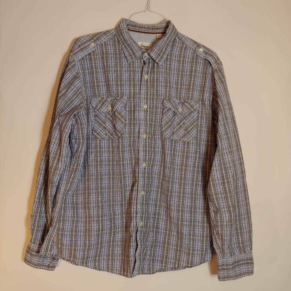 EUC Paper Denim & Cloth Mens Button Front Shirt Blue Gray Plaid Long Sleeves XL